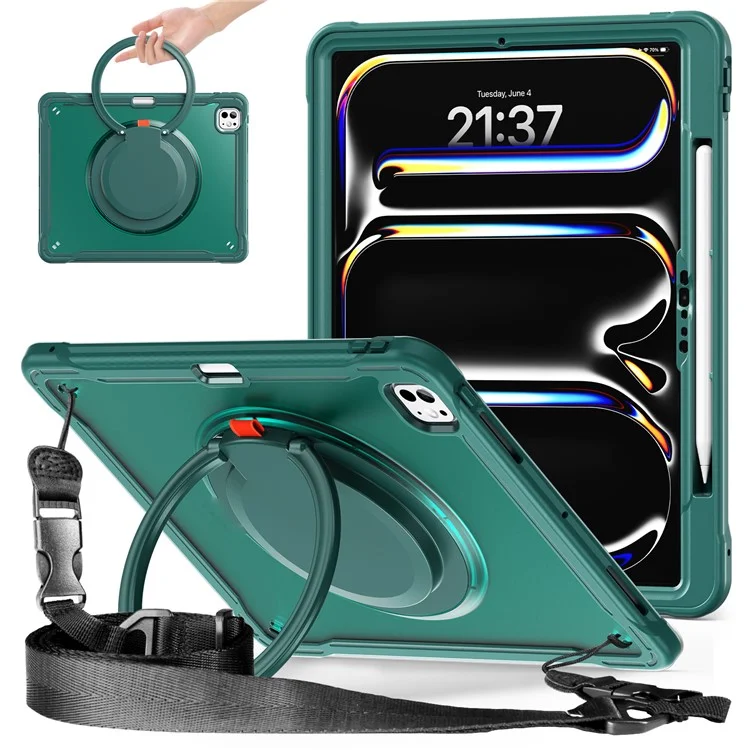 Für iPad Pro 13 (2024) Case Rotary Kickstand PC+TPU+Silikon-Abdeckung mit Schultergurt - Mitternachtgrün