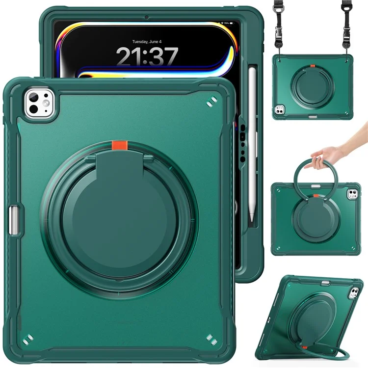 Für iPad Pro 13 (2024) Case Rotary Kickstand PC+TPU+Silikon-Abdeckung mit Schultergurt - Mitternachtgrün