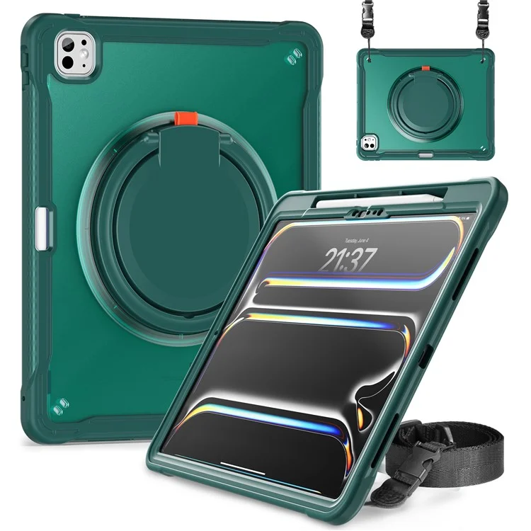Für iPad Pro 13 (2024) Case Rotary Kickstand PC+TPU+Silikon-Abdeckung mit Schultergurt - Mitternachtgrün