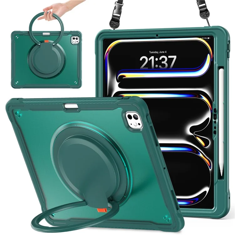 Für iPad Pro 13 (2024) Case Rotary Kickstand PC+TPU+Silikon-Abdeckung mit Schultergurt - Mitternachtgrün