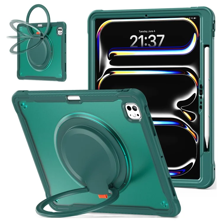For iPad Pro 13 (2024) Case Rotary Kickstand PC+TPU+Silicone Tablet Cover - Midnight Green