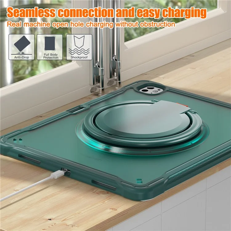 For iPad Pro 13 (2024) Case Rotary Kickstand PC+TPU+Silicone Tablet Cover - Midnight Green