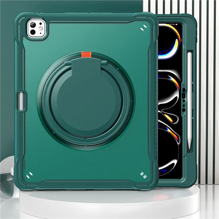 For iPad Pro 13 (2024) Case Rotary Kickstand PC+TPU+Silicone Tablet Cover - Midnight Green