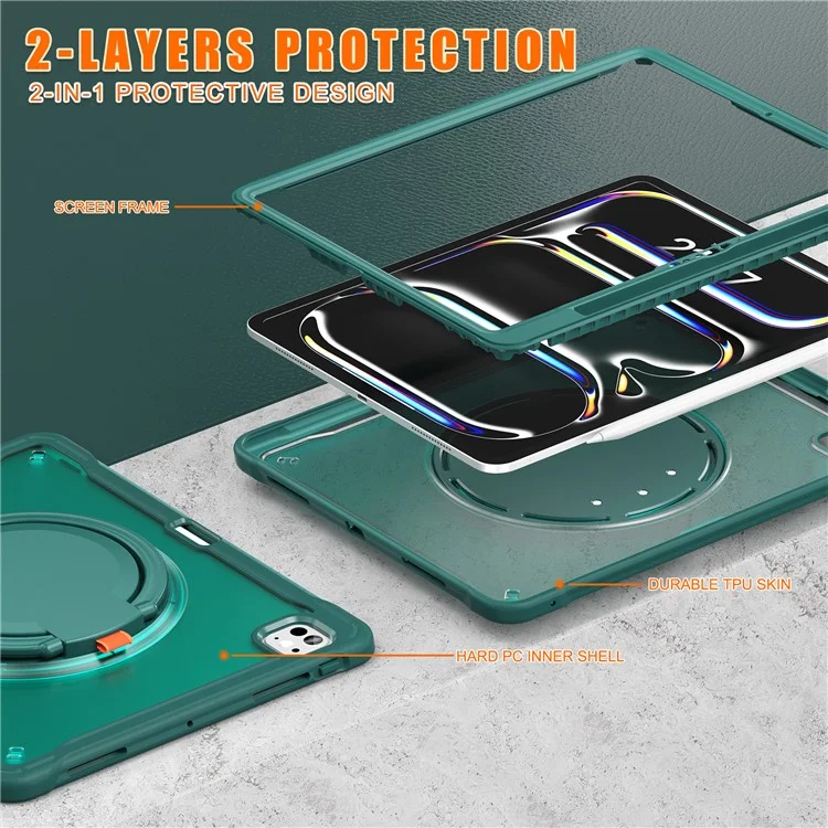 For iPad Pro 13 (2024) Case Rotary Kickstand PC+TPU+Silicone Tablet Cover - Midnight Green