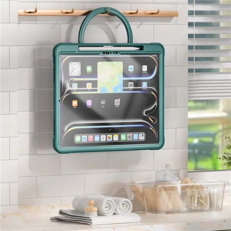 For iPad Pro 13 (2024) Case Rotary Kickstand PC+TPU+Silicone Tablet Cover - Midnight Green