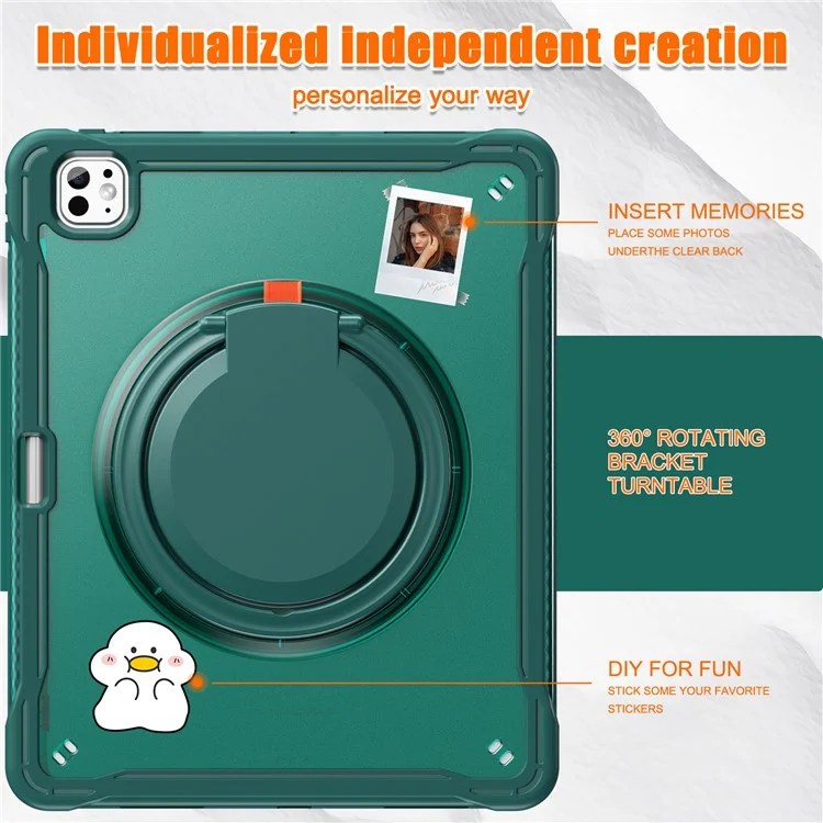 For iPad Pro 13 (2024) Case Rotary Kickstand PC+TPU+Silicone Tablet Cover - Midnight Green