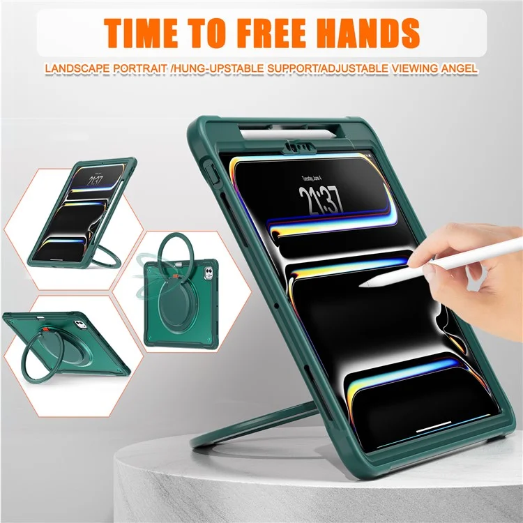 For iPad Pro 13 (2024) Case Rotary Kickstand PC+TPU+Silicone Tablet Cover - Midnight Green