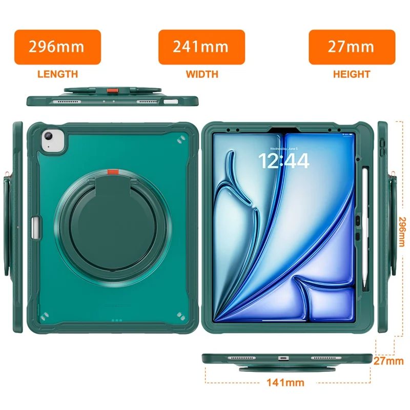 For iPad Air 13 (2025) / (2024) / Pro 12.9 (2022) / (2021) / (2020) / (2018) Case Rotary Kickstand PC+TPU+Silicone Tablet Cover - Midnight Green
