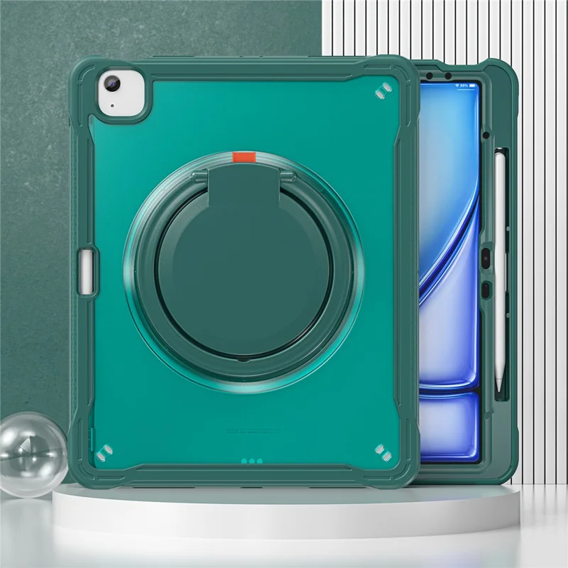 For iPad Air 13 (2025) / (2024) / Pro 12.9 (2022) / (2021) / (2020) / (2018) Case Rotary Kickstand PC+TPU+Silicone Tablet Cover - Midnight Green