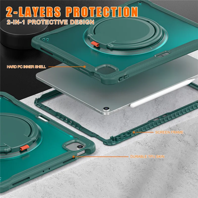 For iPad Air 13 (2025) / (2024) / Pro 12.9 (2022) / (2021) / (2020) / (2018) Case Rotary Kickstand PC+TPU+Silicone Tablet Cover - Midnight Green