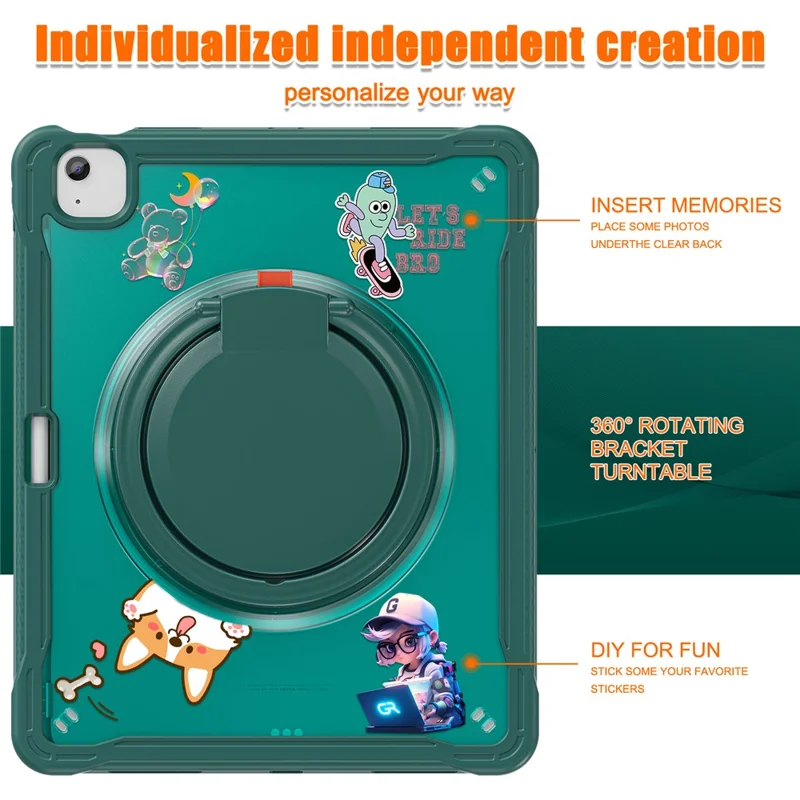 For iPad Air 13 (2025) / (2024) / Pro 12.9 (2022) / (2021) / (2020) / (2018) Case Rotary Kickstand PC+TPU+Silicone Tablet Cover - Midnight Green