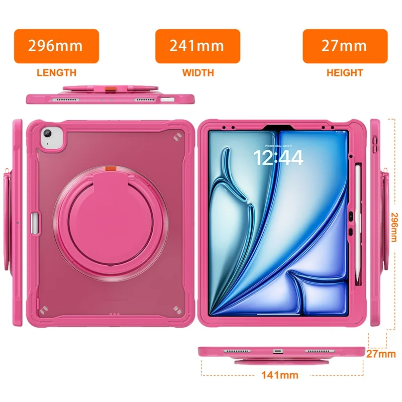 For iPad Air 13 (2025) / (2024) / Pro 12.9 (2022) / (2021) / (2020) / (2018) Case Rotary Kickstand PC+TPU+Silicone Tablet Cover - Rose