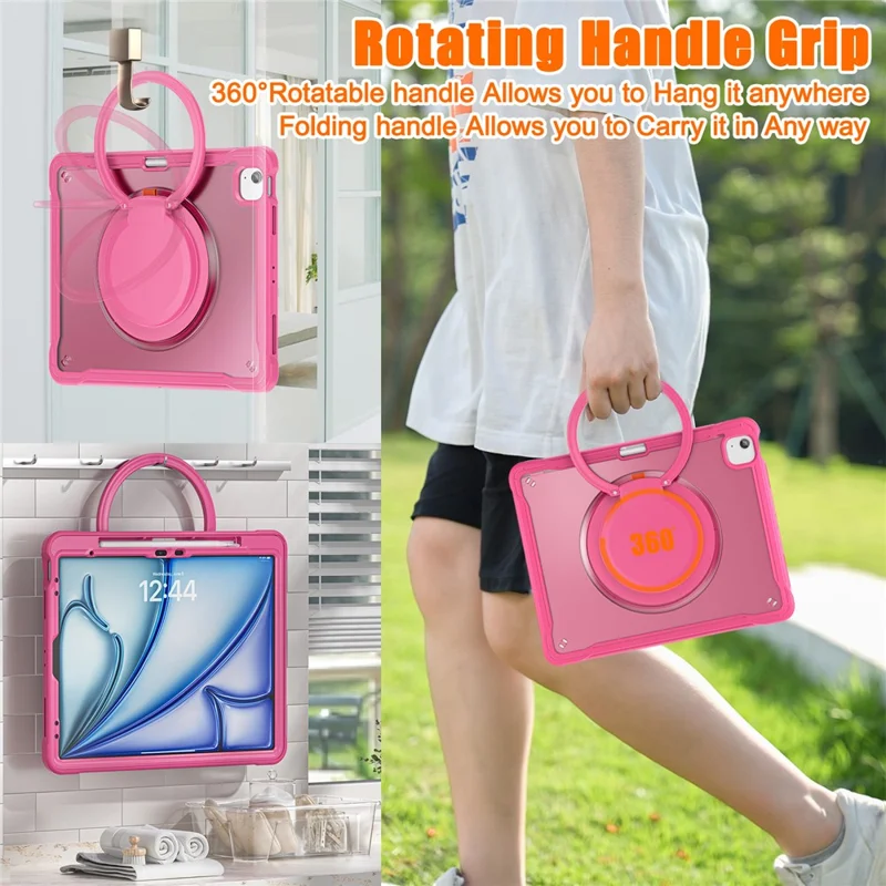 For iPad Air 13 (2025) / (2024) / Pro 12.9 (2022) / (2021) / (2020) / (2018) Case Rotary Kickstand PC+TPU+Silicone Tablet Cover - Rose