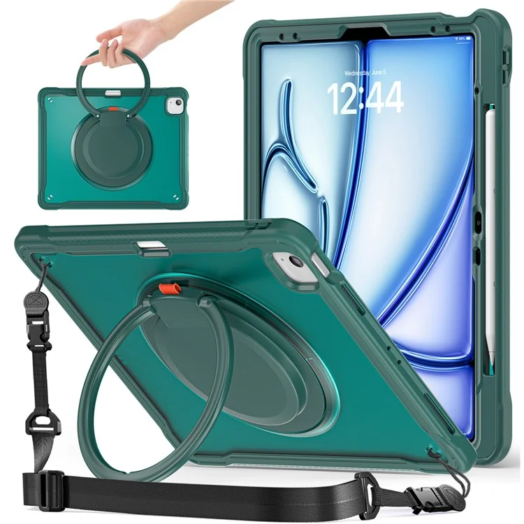 para ipad air 13 (2024) / ipad pro 12.9 (2022) /(2021) /(2020) /(2018) caso de patada giratoria con correa para el hombro - verde de medianoche