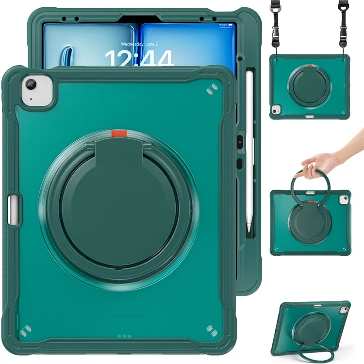 para ipad air 13 (2024) / ipad pro 12.9 (2022) /(2021) /(2020) /(2018) caso de patada giratoria con correa para el hombro - verde de medianoche