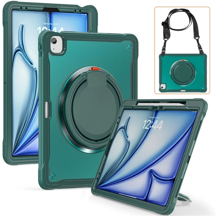 para ipad air 13 (2024) / ipad pro 12.9 (2022) /(2021) /(2020) /(2018) caso de patada giratoria con correa para el hombro - verde de medianoche