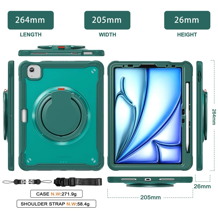 para ipad air 11 (2024) / air (2022) /(2020) / ipad pro 11 (2022) /(2021) /(2020) /(2018) cubierta de pata con correa para el hombro - verde de medianoche