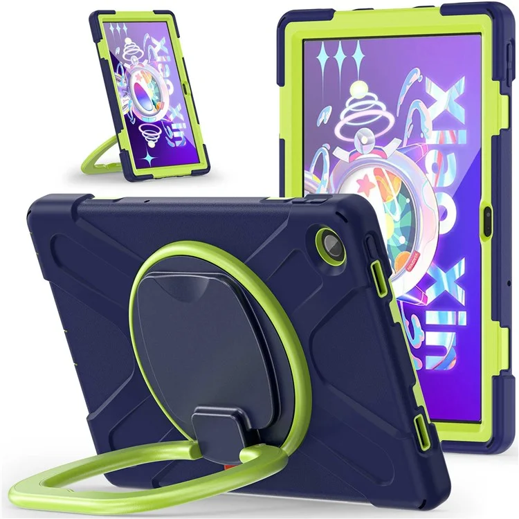 Para Lenovo Tab M10 Plus (3ª Geração) / Xiaoxin Pad 2022 10.6 polegadas TB-125F / TB-128F PC + Capa Antiimpacto de Silicone Antiadesiva para Tablet com Alça Rotativa e Suporte - Azul Marinho / Verde Amarelado