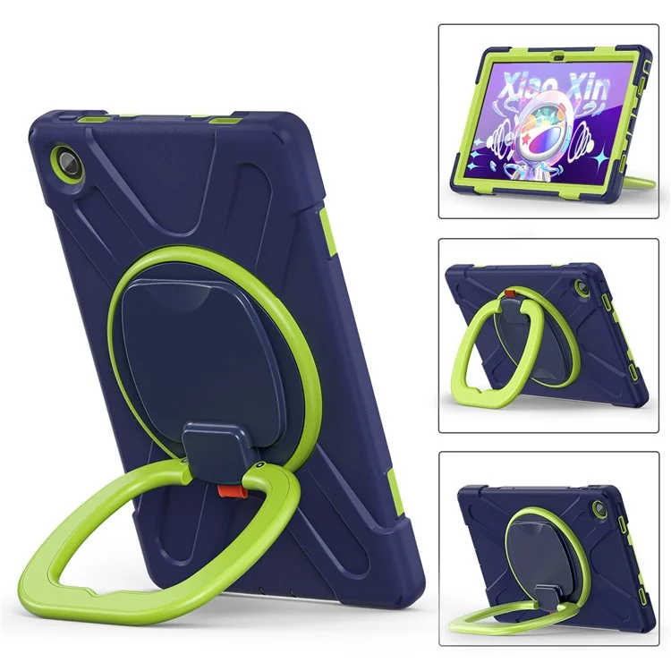 Para Lenovo Tab M10 Plus (3ª Geração) / Xiaoxin Pad 2022 10.6 polegadas TB-125F / TB-128F PC + Capa Antiimpacto de Silicone Antiadesiva para Tablet com Alça Rotativa e Suporte - Azul Marinho / Verde Amarelado