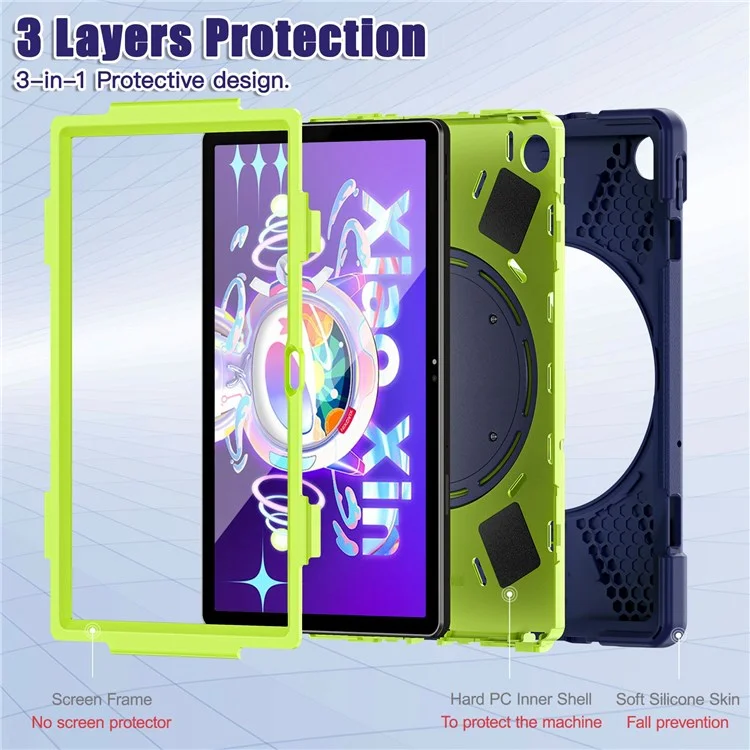 Para Lenovo Tab M10 Plus (3ª Geração) / Xiaoxin Pad 2022 10.6 polegadas TB-125F / TB-128F PC + Capa Antiimpacto de Silicone Antiadesiva para Tablet com Alça Rotativa e Suporte - Azul Marinho / Verde Amarelado