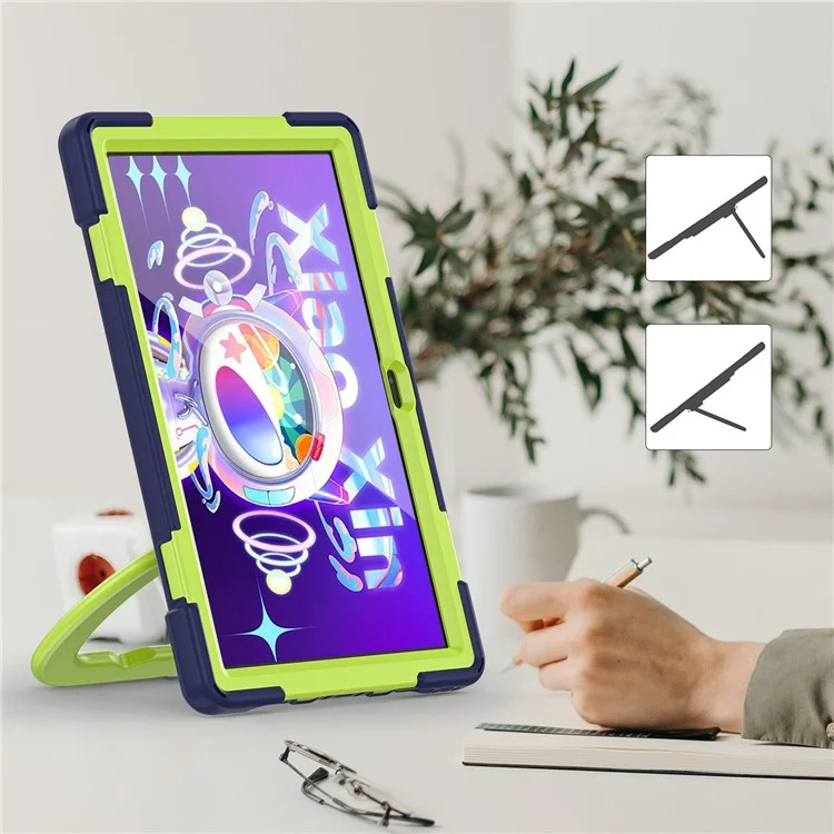 Para Lenovo Tab M10 Plus (3ª Geração) / Xiaoxin Pad 2022 10.6 polegadas TB-125F / TB-128F PC + Capa Antiimpacto de Silicone Antiadesiva para Tablet com Alça Rotativa e Suporte - Azul Marinho / Verde Amarelado