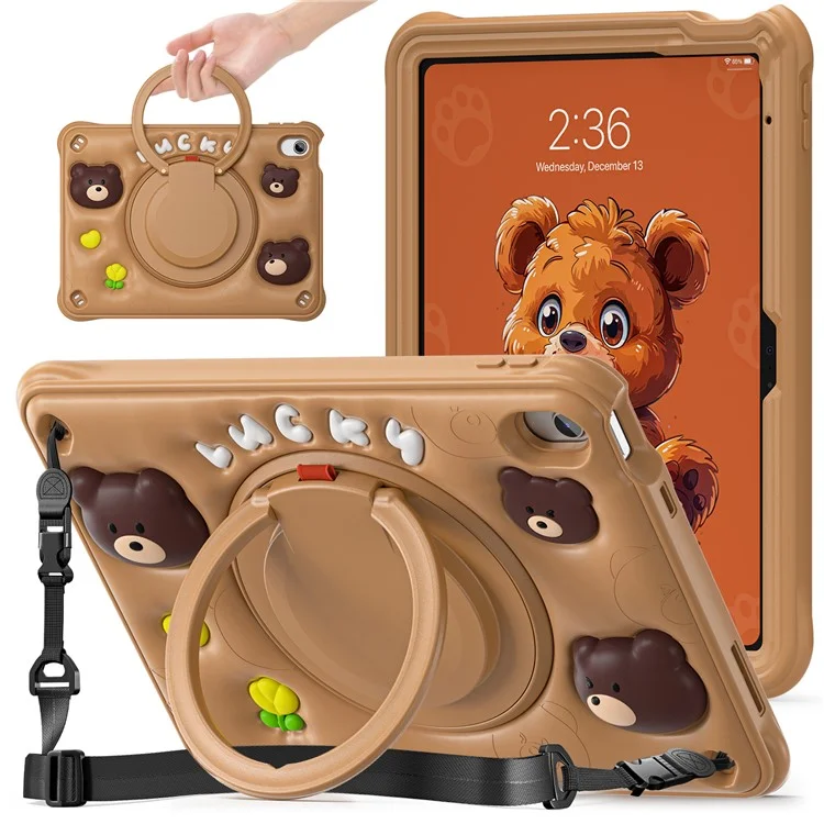For iPad (2025) / 10.9 (2022) Case with Shoulder Strap Kickstand PC+Silicone+TPU Cartoon Bear Tablet Cover