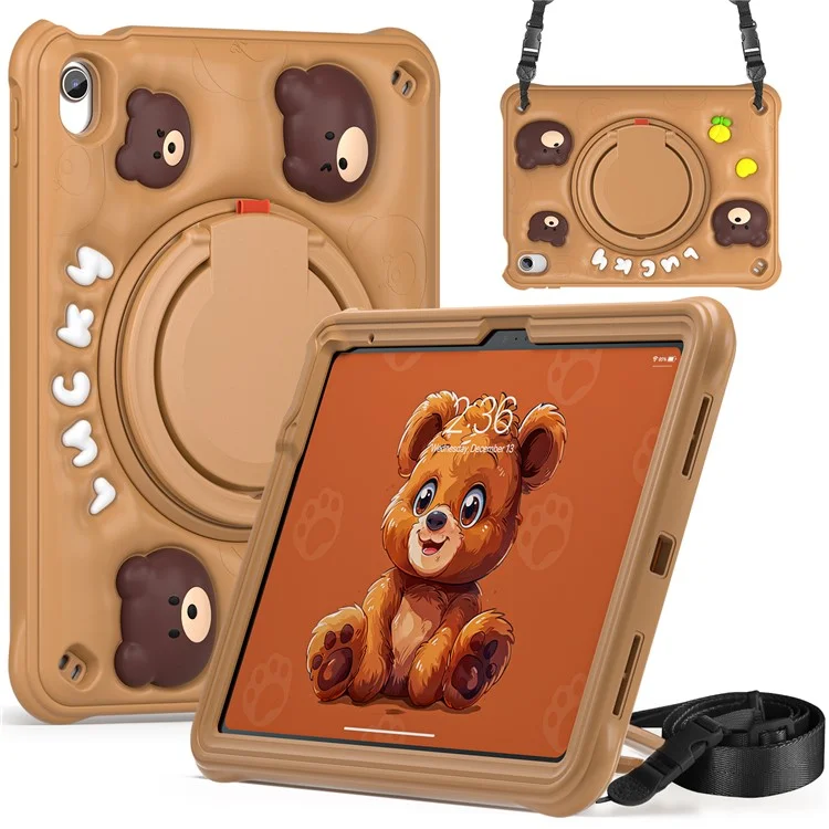 For iPad (2025) / 10.9 (2022) Case with Shoulder Strap Kickstand PC+Silicone+TPU Cartoon Bear Tablet Cover