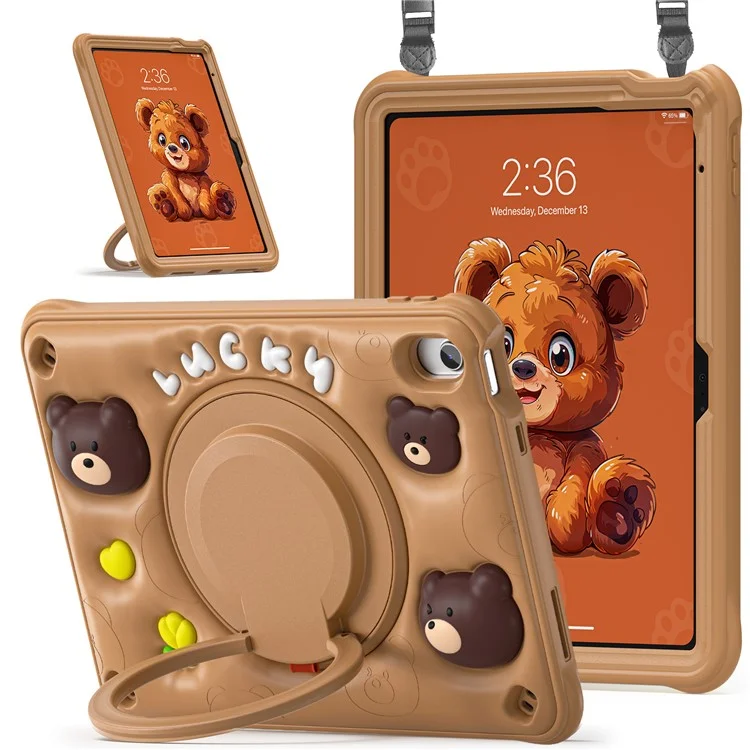 For iPad (2025) / 10.9 (2022) Case with Shoulder Strap Kickstand PC+Silicone+TPU Cartoon Bear Tablet Cover