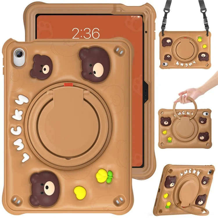 For iPad (2025) / 10.9 (2022) Case with Shoulder Strap Kickstand PC+Silicone+TPU Cartoon Bear Tablet Cover
