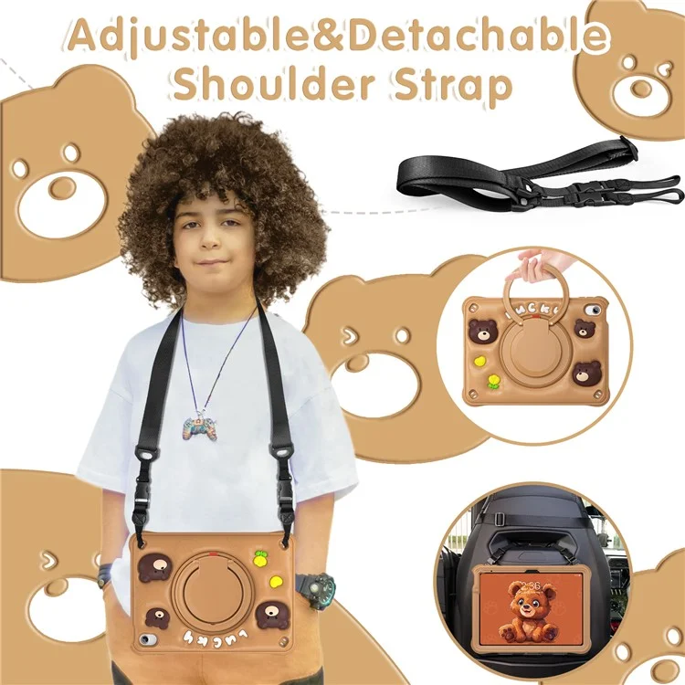 For iPad (2025) / 10.9 (2022) Case with Shoulder Strap Kickstand PC+Silicone+TPU Cartoon Bear Tablet Cover