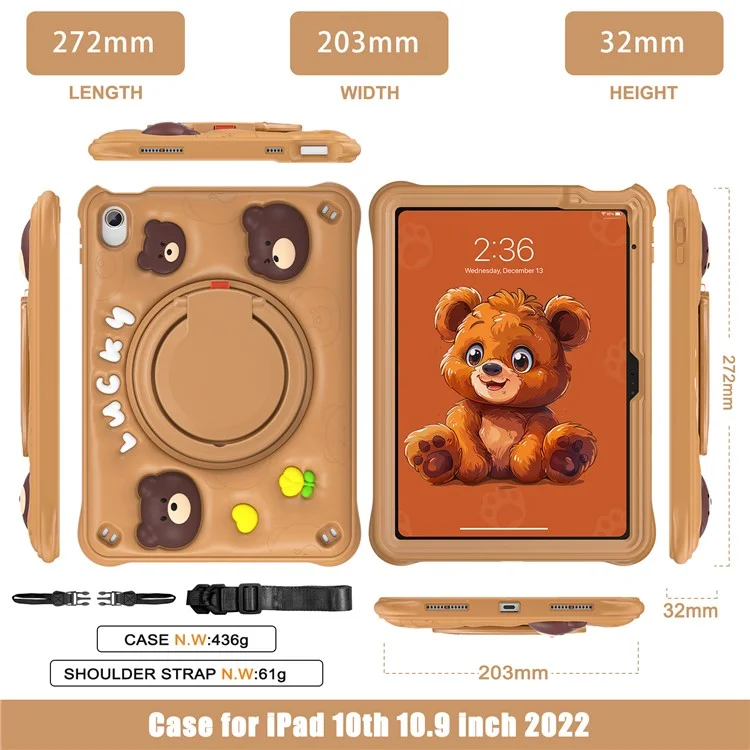 For iPad (2025) / 10.9 (2022) Case with Shoulder Strap Kickstand PC+Silicone+TPU Cartoon Bear Tablet Cover