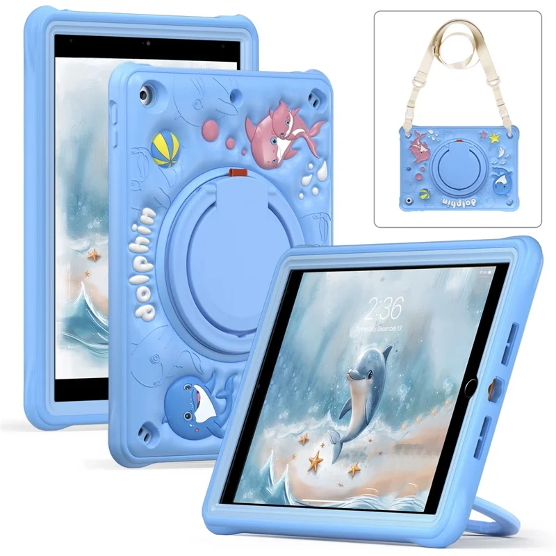 For iPad 10.2 (2021) / (2020) / (2019) Case with Shoulder Strap Cute Dolphin PC+Silicone+TPU Kickstand Tablet Cover