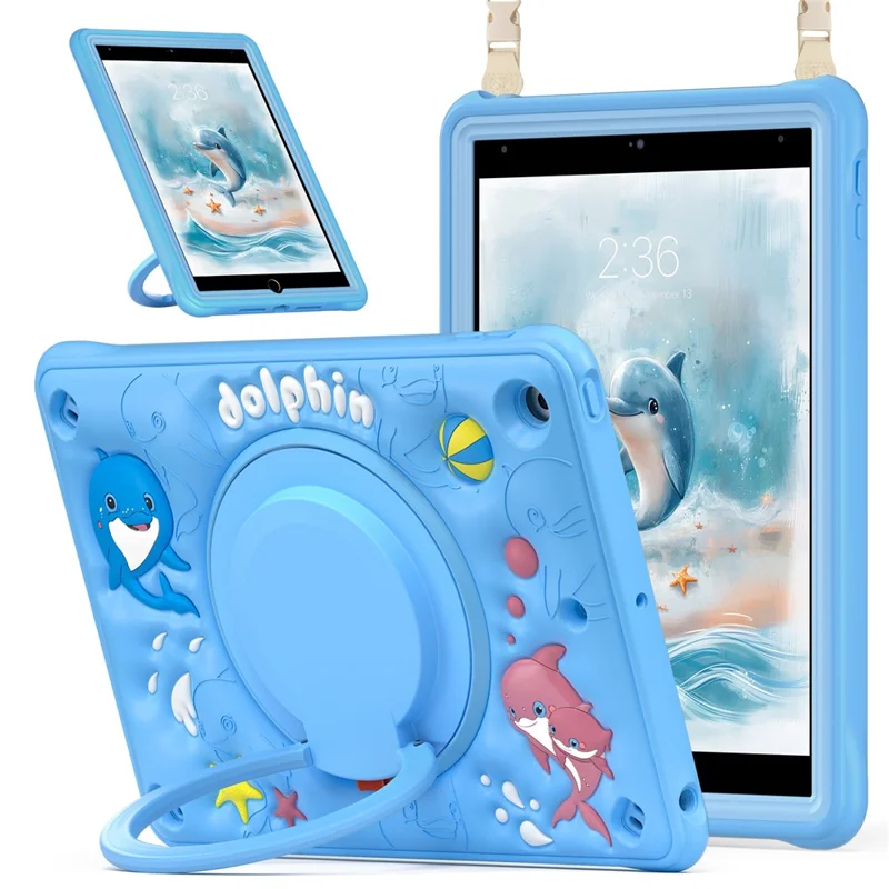 For iPad 10.2 (2021) / (2020) / (2019) Case with Shoulder Strap Cute Dolphin PC+Silicone+TPU Kickstand Tablet Cover