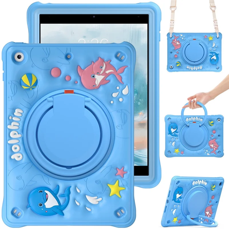 For iPad 10.2 (2021) / (2020) / (2019) Case with Shoulder Strap Cute Dolphin PC+Silicone+TPU Kickstand Tablet Cover