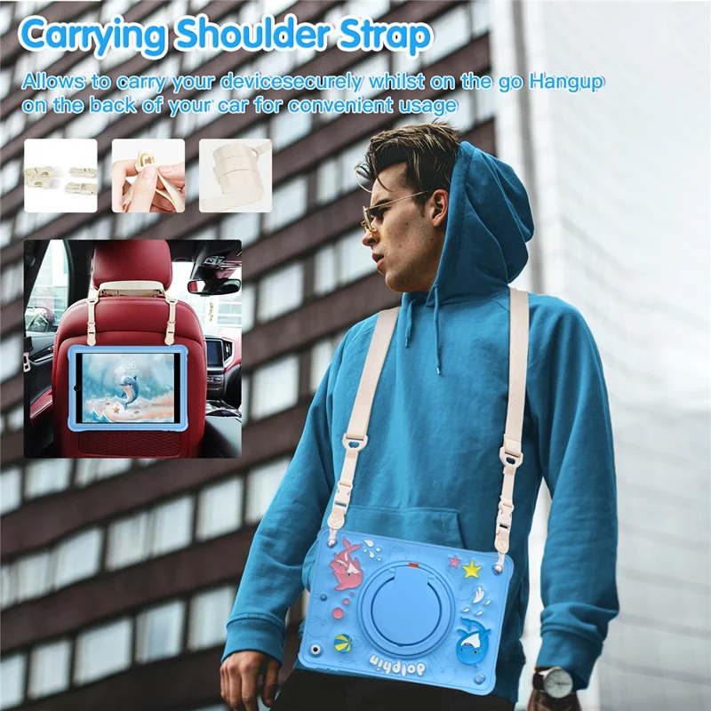 For iPad 10.2 (2021) / (2020) / (2019) Case with Shoulder Strap Cute Dolphin PC+Silicone+TPU Kickstand Tablet Cover