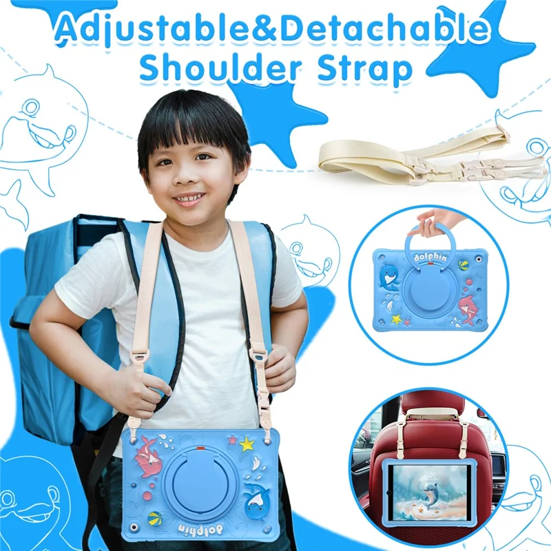 For iPad 10.2 (2021) / (2020) / (2019) Case with Shoulder Strap Cute Dolphin PC+Silicone+TPU Kickstand Tablet Cover