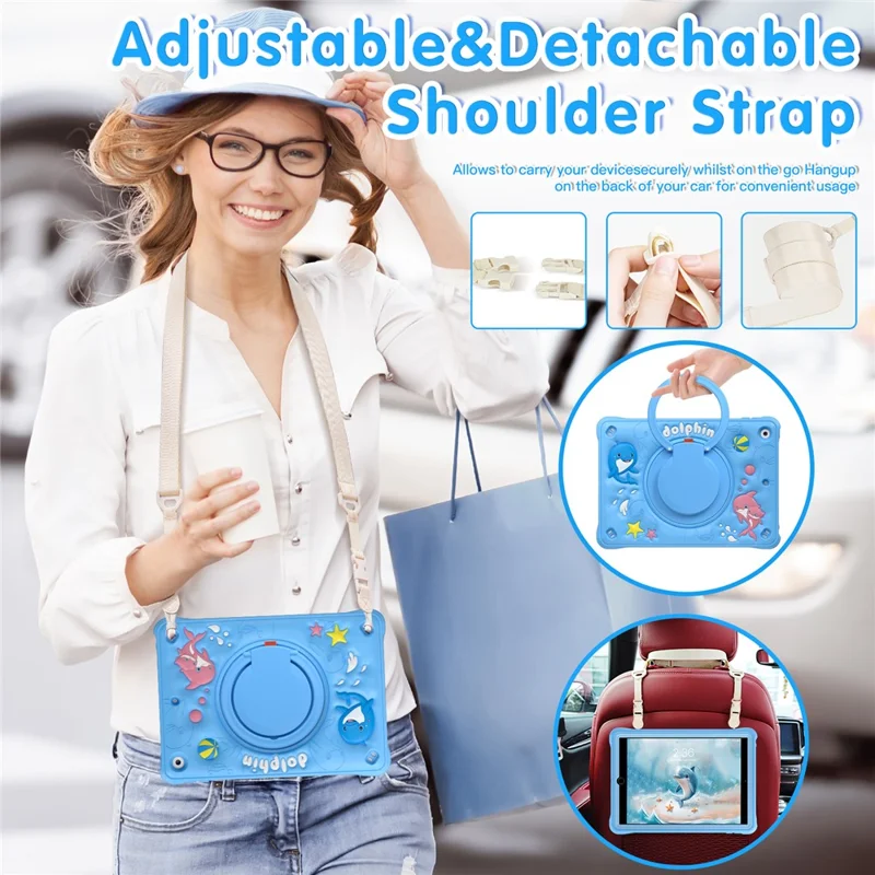 For iPad 10.2 (2021) / (2020) / (2019) Case with Shoulder Strap Cute Dolphin PC+Silicone+TPU Kickstand Tablet Cover