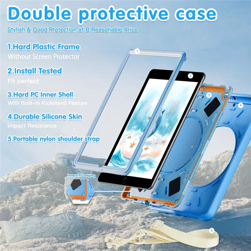 For iPad 10.2 (2021) / (2020) / (2019) Case with Shoulder Strap Cute Dolphin PC+Silicone+TPU Kickstand Tablet Cover