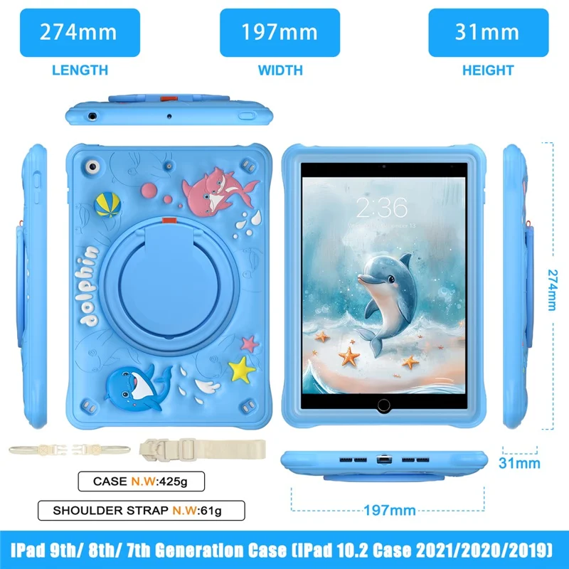 For iPad 10.2 (2021) / (2020) / (2019) Case with Shoulder Strap Cute Dolphin PC+Silicone+TPU Kickstand Tablet Cover