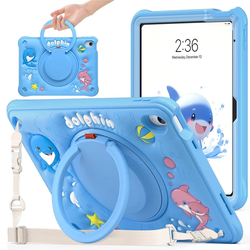 For iPad (2025) / 10.9 (2022) Case with Shoulder Strap Cute Dolphin PC+Silicone+TPU Kickstand Tablet Cover