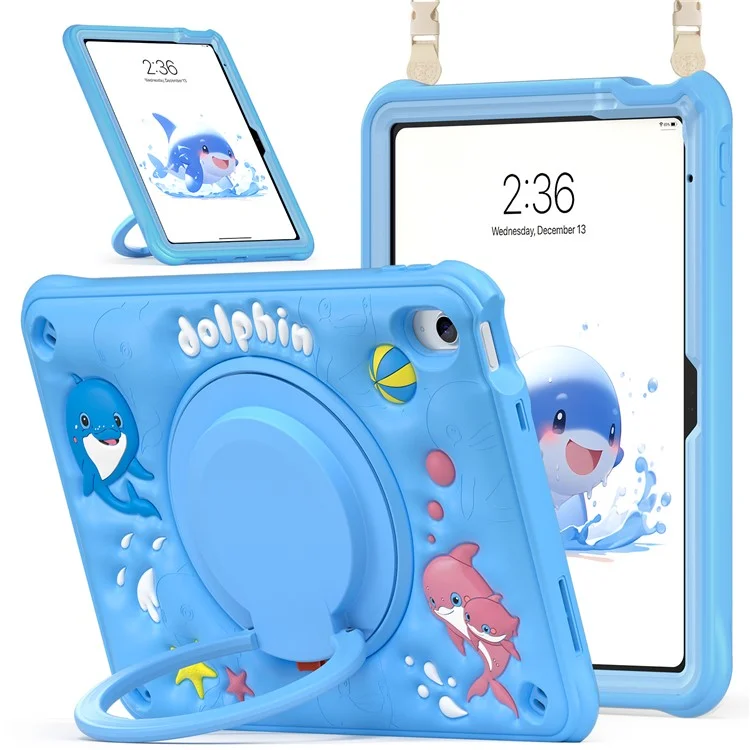 For iPad (2025) / 10.9 (2022) Case with Shoulder Strap Cute Dolphin PC+Silicone+TPU Kickstand Tablet Cover