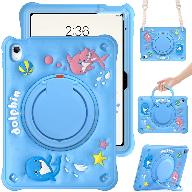 For iPad (2025) / 10.9 (2022) Case with Shoulder Strap Cute Dolphin PC+Silicone+TPU Kickstand Tablet Cover