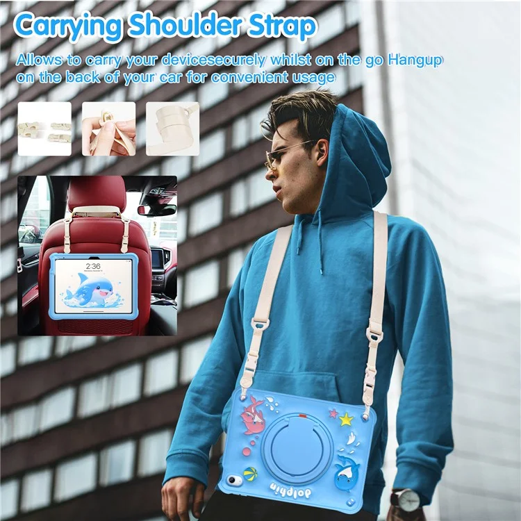 For iPad (2025) / 10.9 (2022) Case with Shoulder Strap Cute Dolphin PC+Silicone+TPU Kickstand Tablet Cover