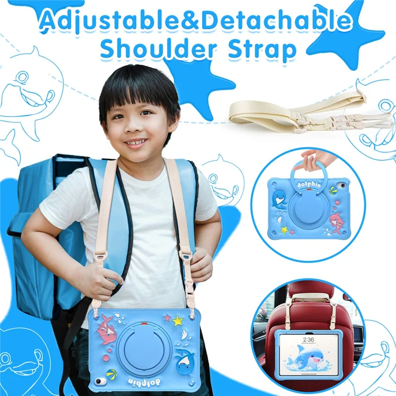 For iPad (2025) / 10.9 (2022) Case with Shoulder Strap Cute Dolphin PC+Silicone+TPU Kickstand Tablet Cover