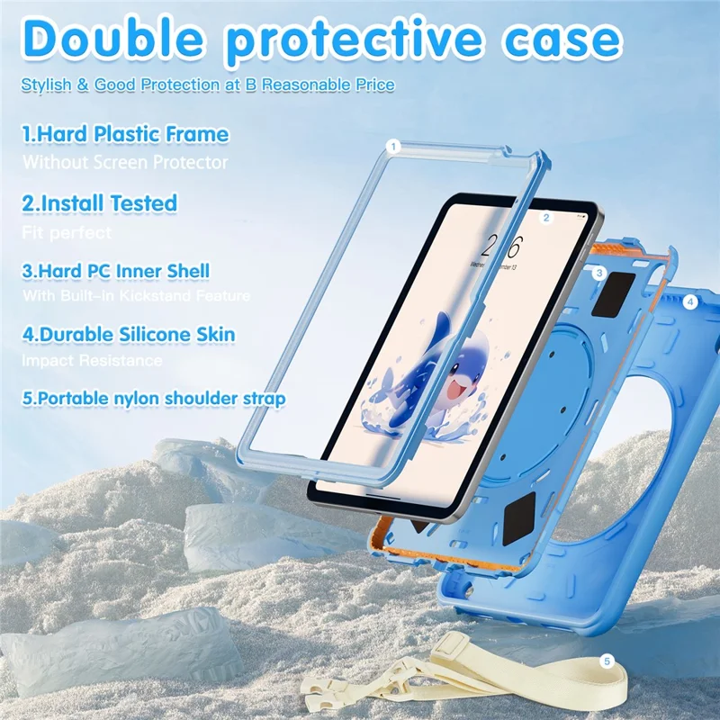 For iPad (2025) / 10.9 (2022) Case with Shoulder Strap Cute Dolphin PC+Silicone+TPU Kickstand Tablet Cover