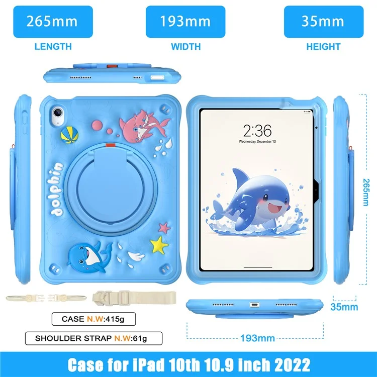 For iPad (2025) / 10.9 (2022) Case with Shoulder Strap Cute Dolphin PC+Silicone+TPU Kickstand Tablet Cover