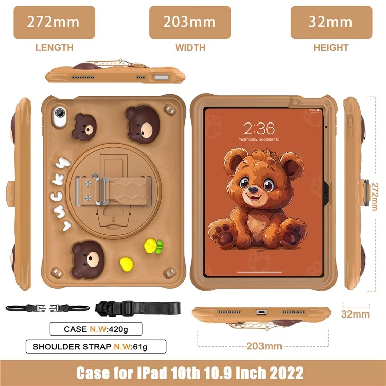 For iPad (2025) / 10.9 (2022) Case with Shoulder Strap Bear Pattern PC+Silicone+TPU Kickstand Tablet Cover