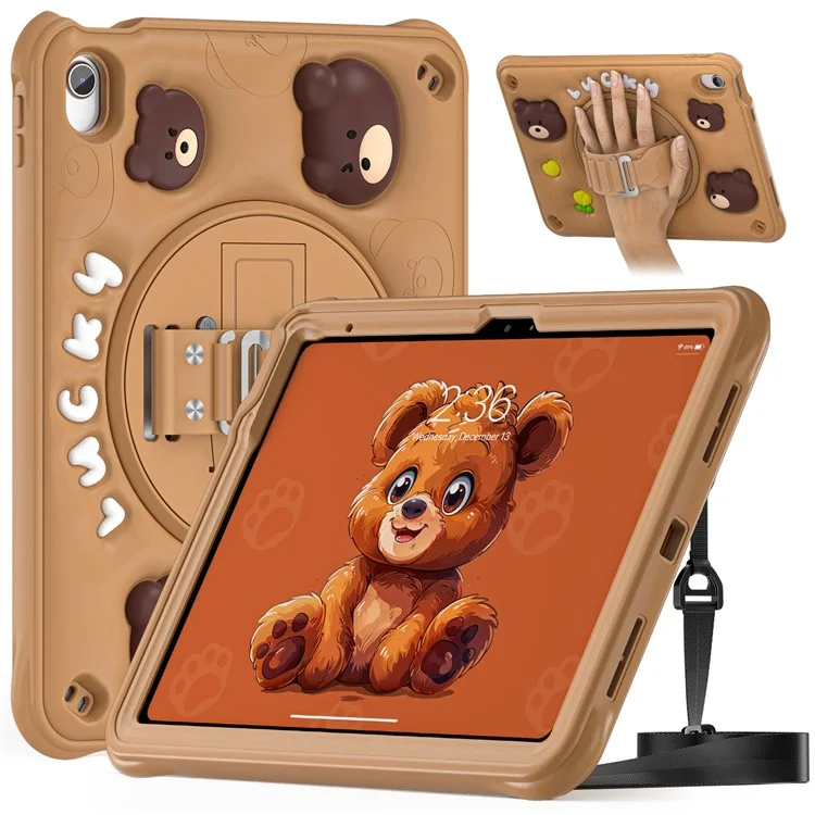 For iPad (2025) / 10.9 (2022) Case with Shoulder Strap Bear Pattern PC+Silicone+TPU Kickstand Tablet Cover