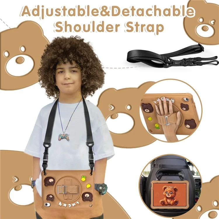 For iPad (2025) / 10.9 (2022) Case with Shoulder Strap Bear Pattern PC+Silicone+TPU Kickstand Tablet Cover