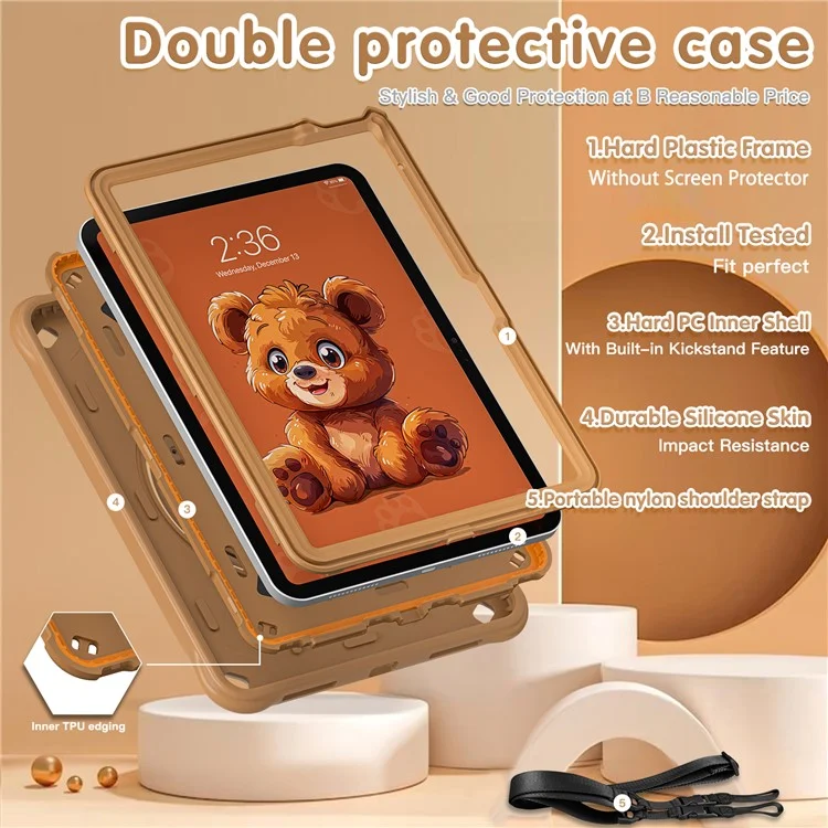 For iPad (2025) / 10.9 (2022) Case with Shoulder Strap Bear Pattern PC+Silicone+TPU Kickstand Tablet Cover